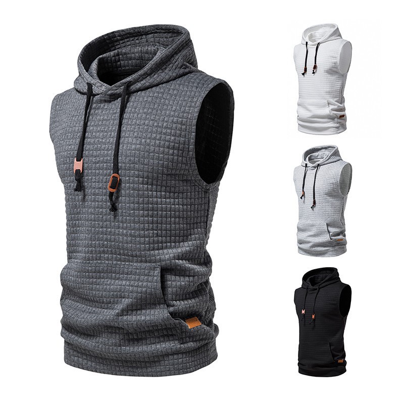 Men's Hooded Vest Sleeveless Solid Color Knit Hoodie Pullover Tank Top ...