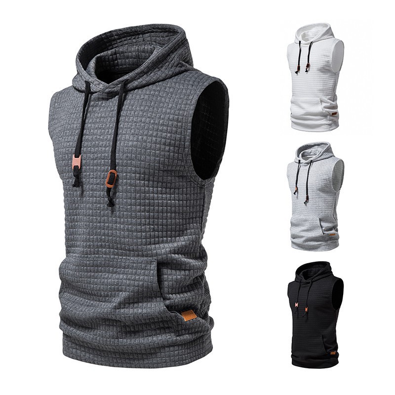 Men's Hooded Vest Sleeveless Solid Color Knit Hoodie Pullover Tank Top