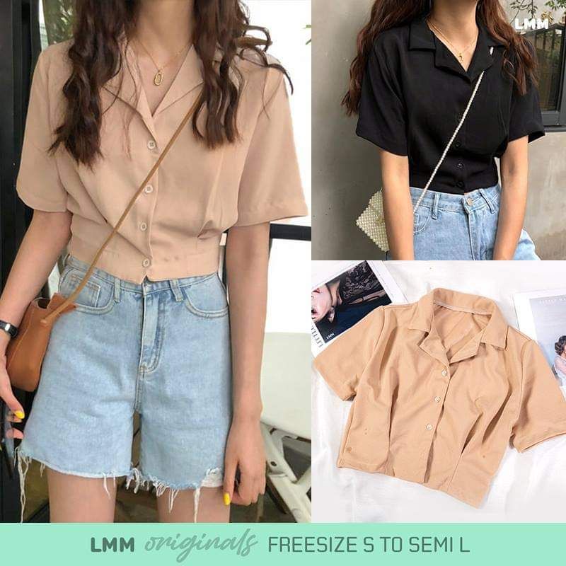 women short Sleeve Plain V Neck Korean Polo Shirt crop top polo retro lapel button collar top B104 Shopee Philippines