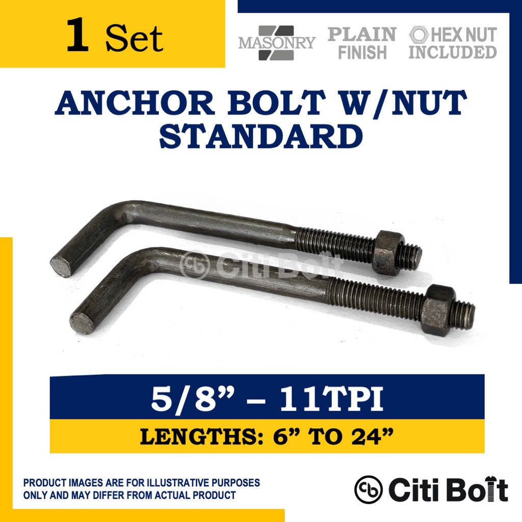 1set Anchor Bolt Standard / L Bolt / L Hook Bolt for Concrete M16 5/8" ( 5/8 11TPI ), CITI