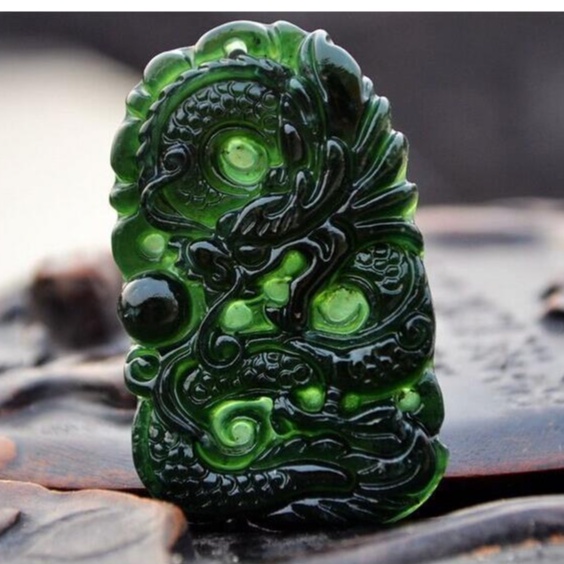 Natural dark green jade pendant ancient dragon time to run pendant ...