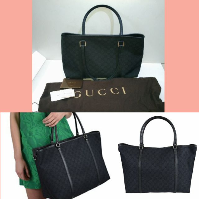NEW Authentic GUCCI Tote Bag Black Canvas / Real Leather