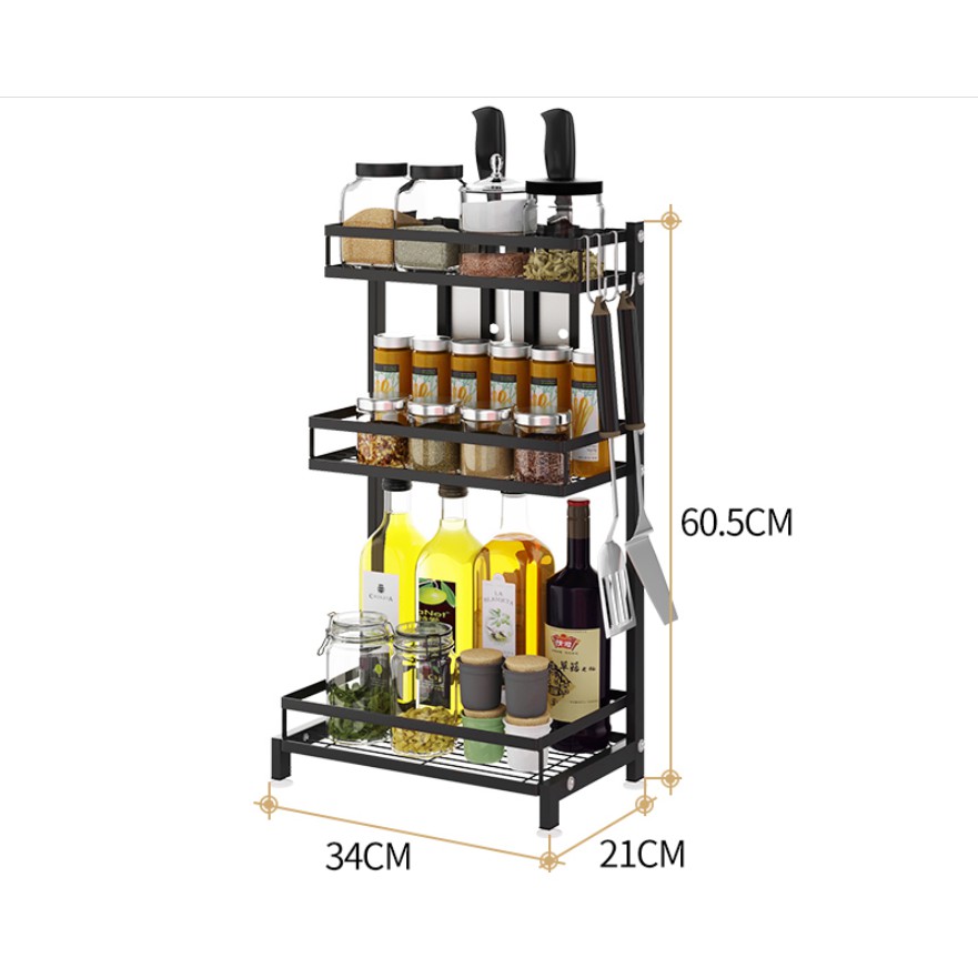 3 Tier Spice Rack Stainless Steel Standing Corner Shelf 3 Hooks, Knife ...