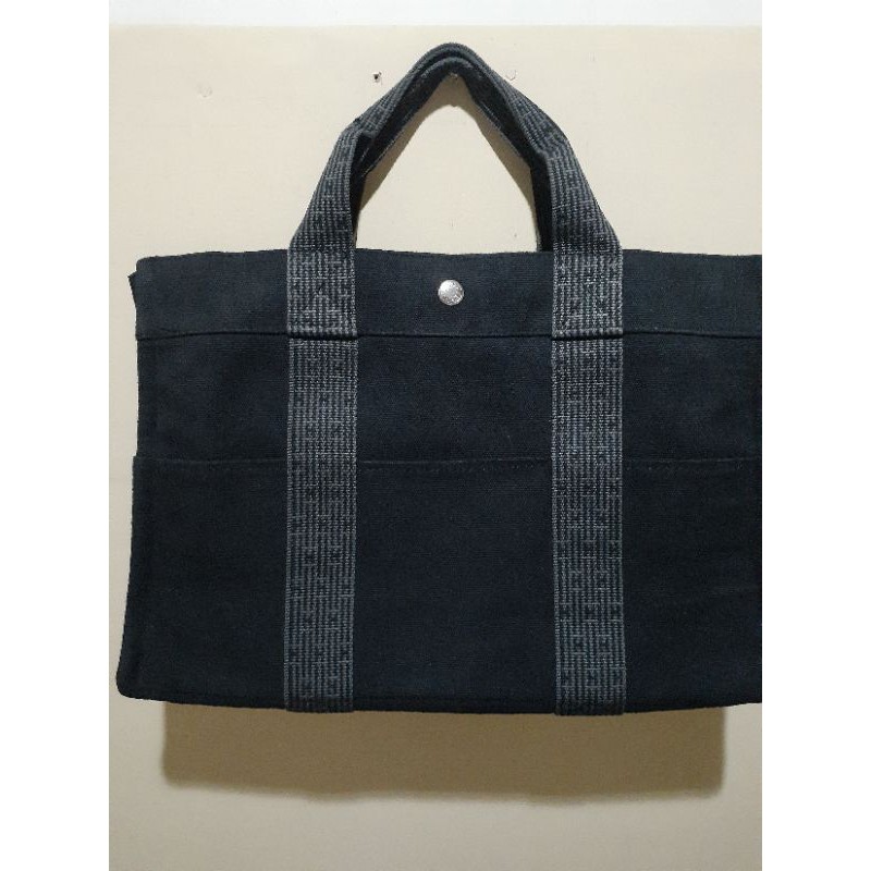 SOLD SOLD HERMES Black/Grey Canvas Herline MM Tote Bag