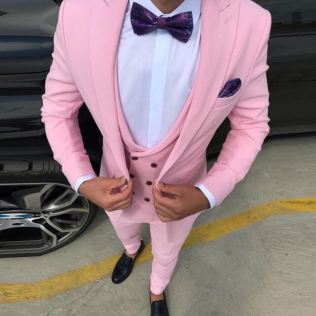 Fashion Style 3 Piece Pink Formal Party Men Suits Peaked Lapel One