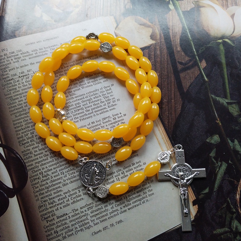 Baptism Exorcism Saint Benedict Prayer Rosary NecklaceVintage Yellow
