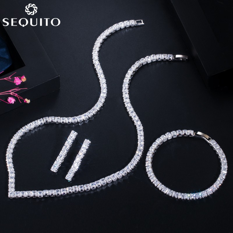 SEQUITO Classic Square Design Zircon Diamond Crystal 3pcs Necklace ...