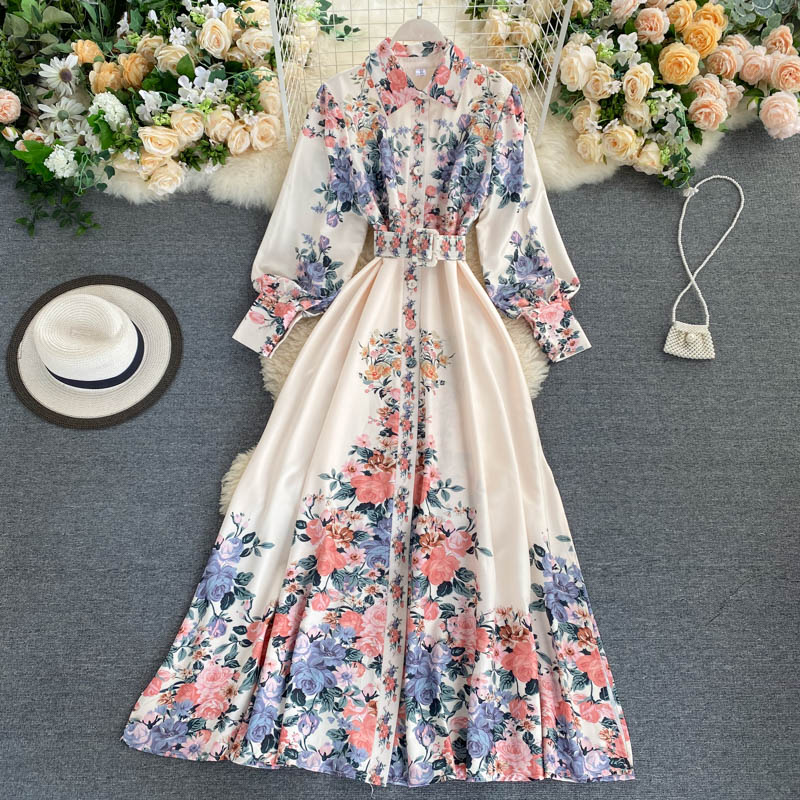 spring autumn vintage long dress women slim a line with belt floral printed party dresses ladies elegant maxi dress Shopee Philippines