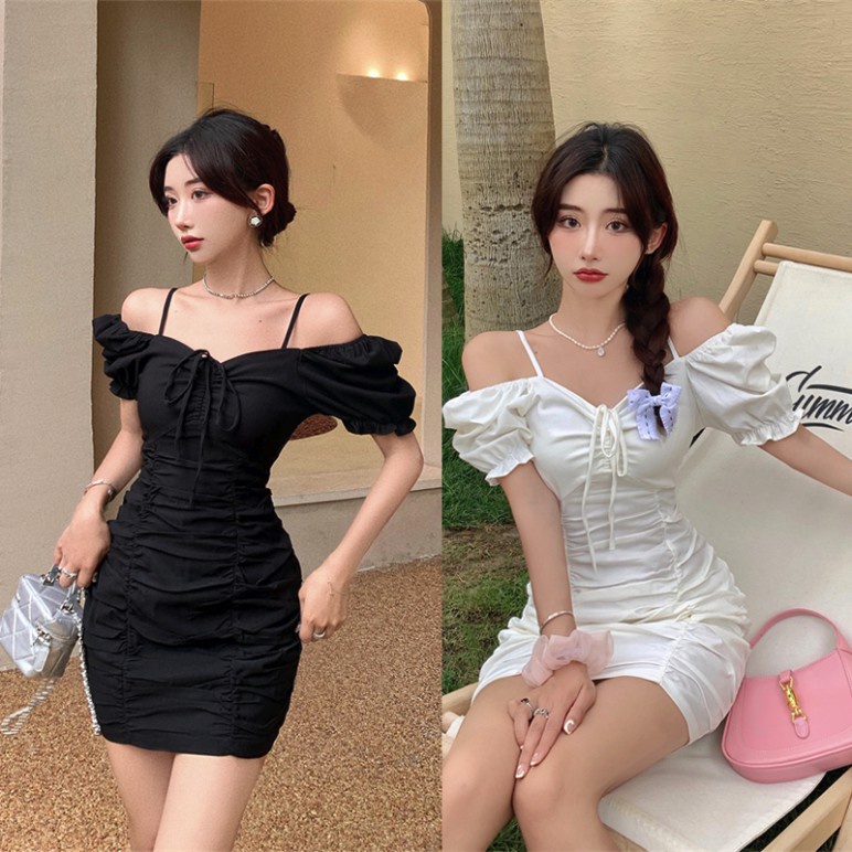 (Free Gift)White Korean Puff Sleeve Debut Dress for Women Casual Fitted ...