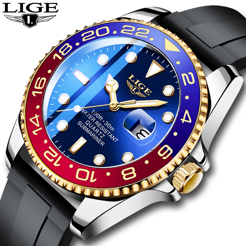 LIGE Official Top Brand Luxury Men Watch Waterproof Auto Date Watch For Men  Sport Silicone Strap Quartz Wristwatch
