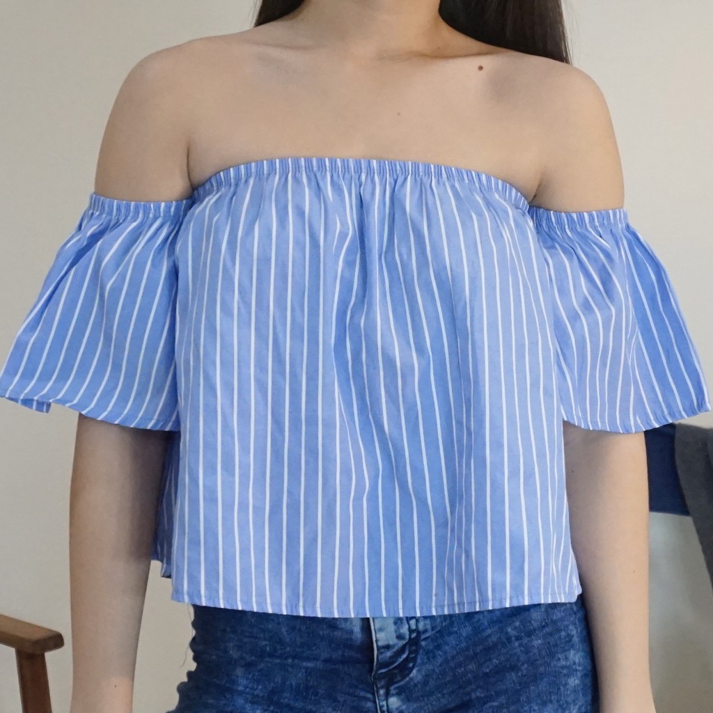 Blue striped off online shoulder top