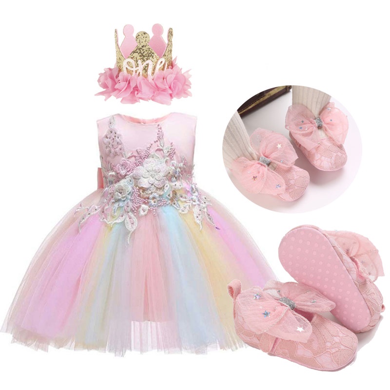 VORLITS Girls Pink Rainbow Tutu Dress Costume Set - Princess Dress Up Outfit For Halloween & Birthday Parties (3-9 Years)