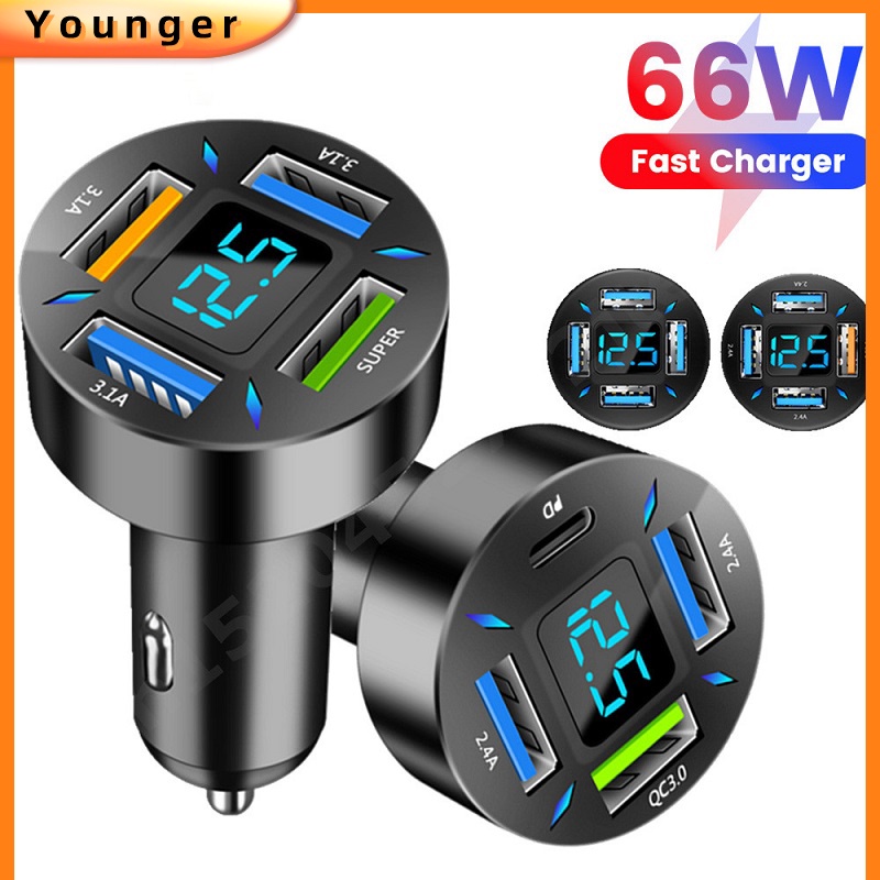 66W PD Car Adoptor Charger Usb 4 Plugs Car Fast Charge Phone Adapter ...