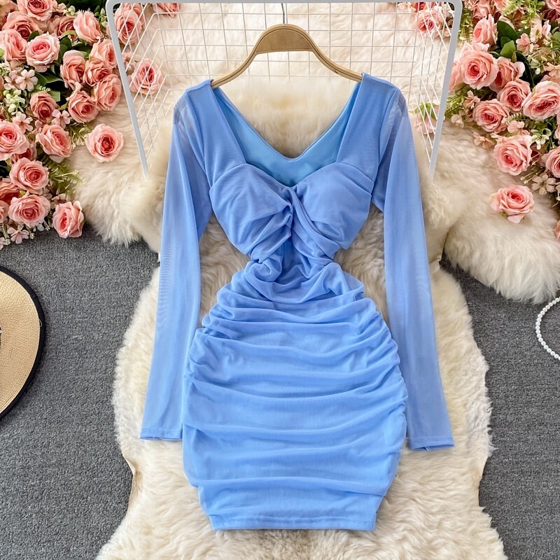 2024 Spring Autumn Sexy Bodycon Dress Women Wrinkled Square Neck Stretch  Mesh Dresses Ladies Club Party Short Dress | Shopee Philippines