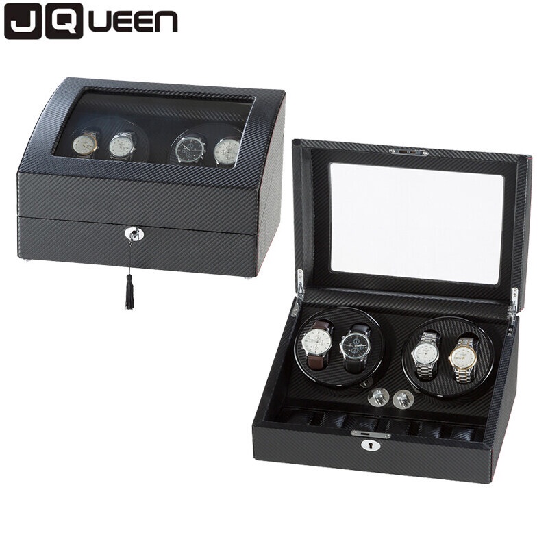 JQUEEN 4 Automatic Wood Black Fiber Watch Winder with 6 Storage Case Modes For Mechanical Watch
