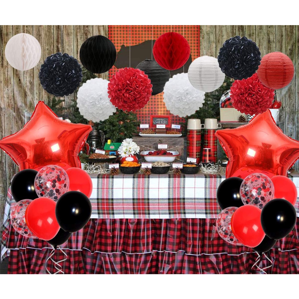 JOYMEMO Red and Black Party Decorations Set with Tissue Paper and Balloons for Minnie Themed ...