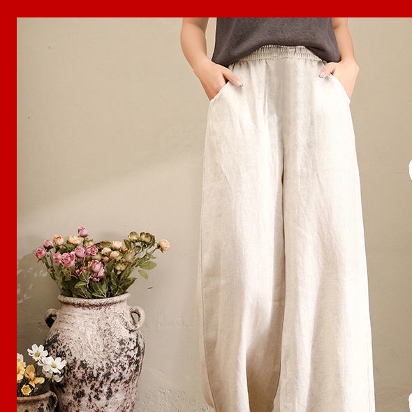 Xysaqa Women Summer Cotton Linen Palazzo Pants Casual Loose Wide Leg Pants Drawstring High Waisted Long Lounge Flowy Trousers S-3XL
