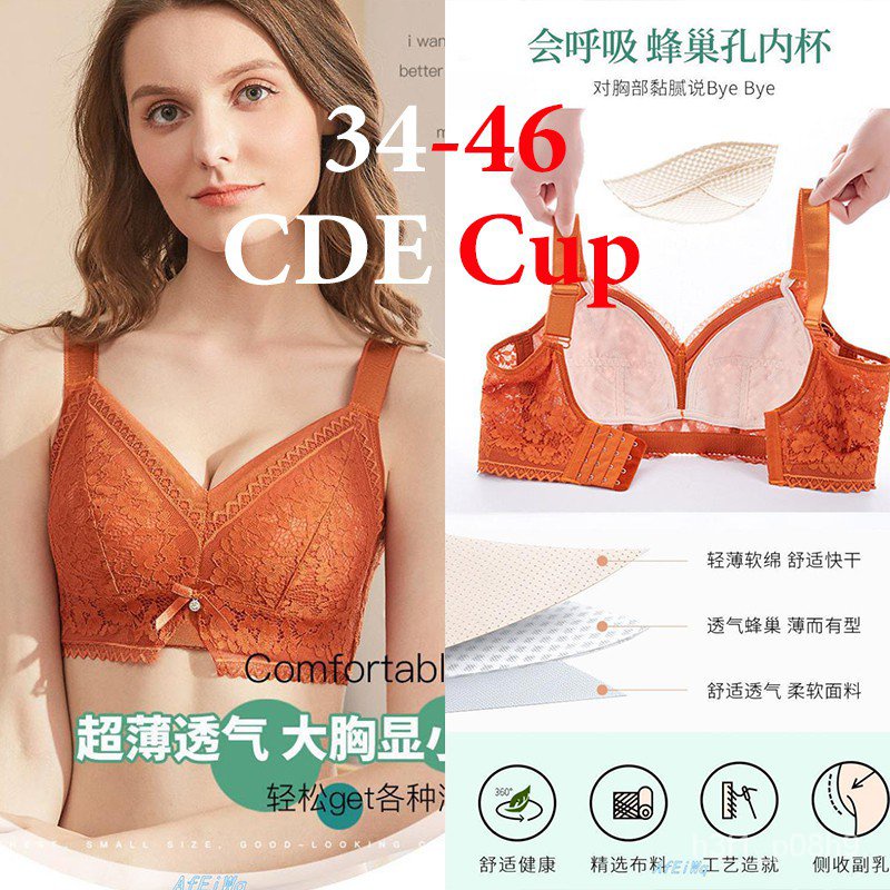 Lowest price】34-46 CDE Cup Women's Large Size Bra Thin Full-wrapped Bra  Non-wireless Sexy Lace Unde