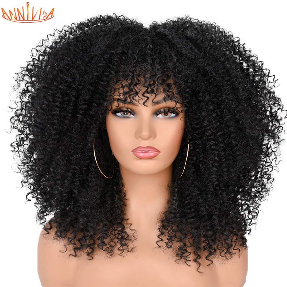 Short Afro Kinky Curly Wigs With Bangs For Black Women Blonde Mixed Brown Synthetic Cosplay 1866