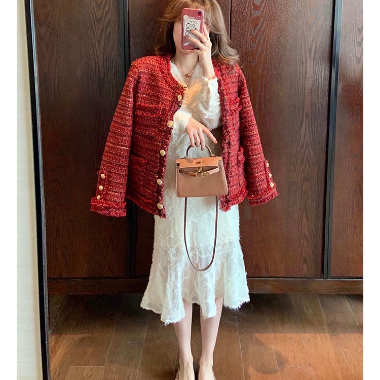 GETADME High Quality French Vintage Small Fragrance Tweed 2 Piece Sets Women Outfits Fashion Jacket Coat + Short Skirt Two Piece Suits