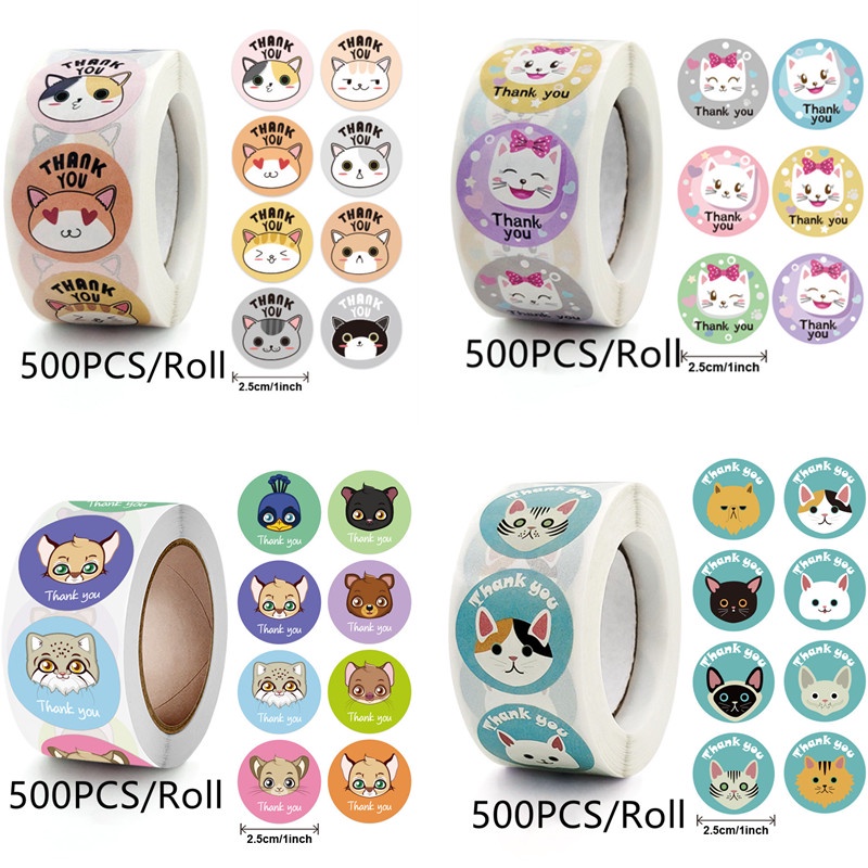 1Inch 500PCS/Roll Cute Animal Children Stickers Thank You Stickers ...