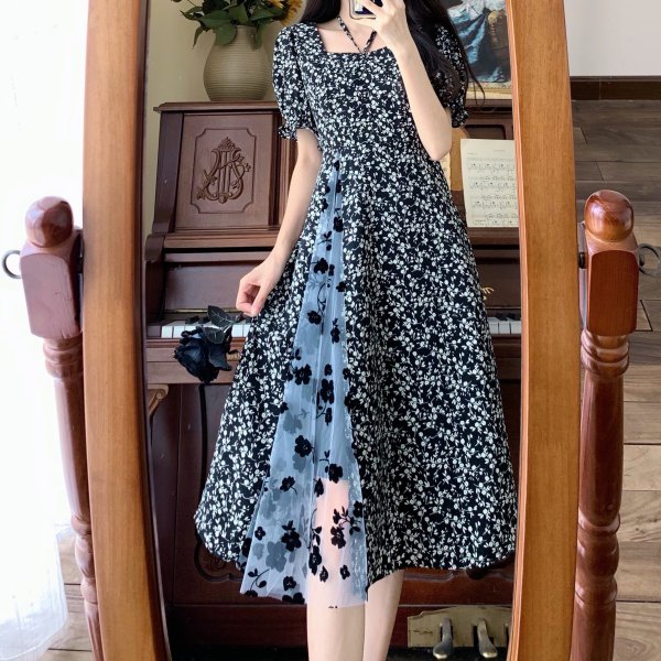 summer black floral dress for woman midi fitted Vintage formal