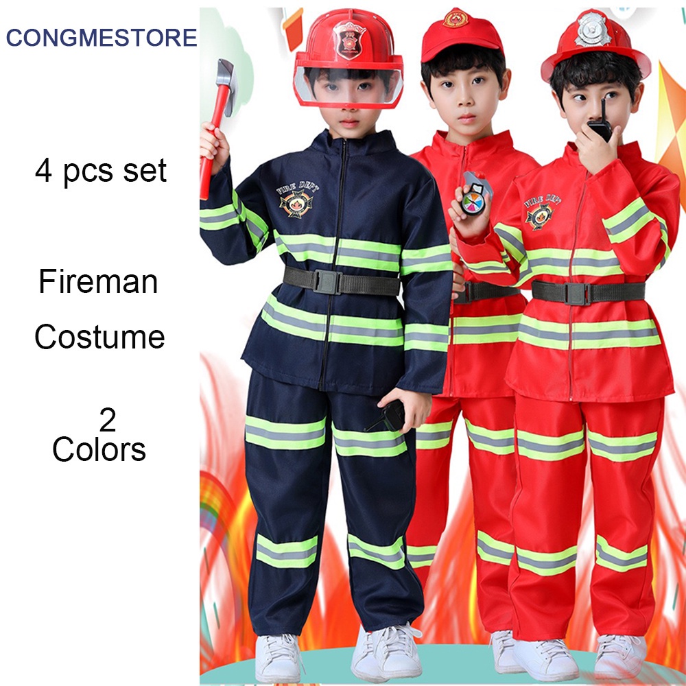 Congme Kid boy girl Fireman Costume Fire Fighter 4pcs Costume Rescue