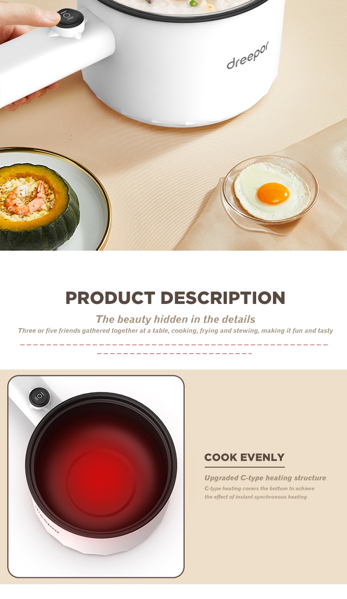 Dreepor Mini Rice Cooker 1.8L Multifunction Cooker NonStick Inner Pot Electric Cooker With