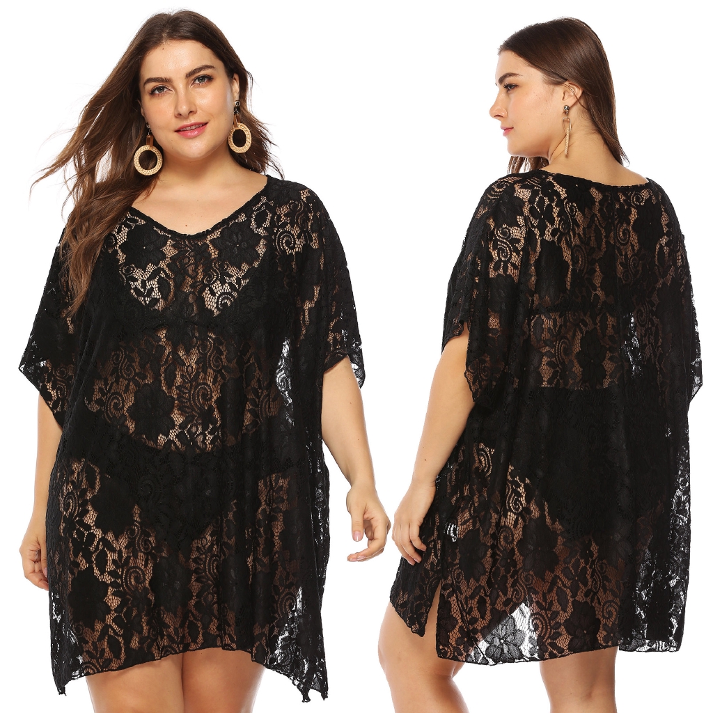 V Neck Black Lace See Through Women Plus Size Swimsuits Cover Up Swimwear