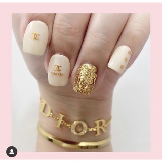 16 PCS Chanel Nude With Gold Decals Press On Nails• Handpainted with gel  polish • High quality nails
