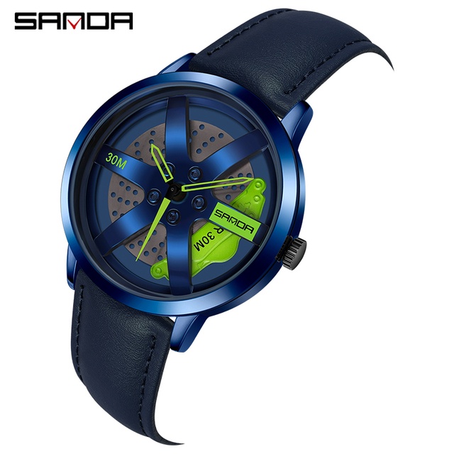 SANDA Real 3D Model Spinning Car Wheel Hub Watch Luxury Luminous Move ...