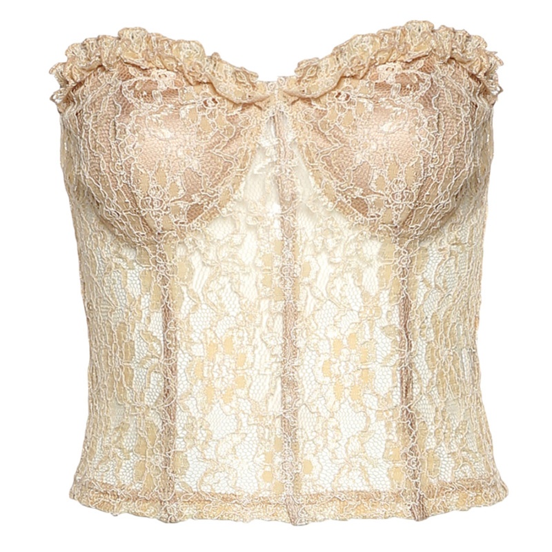 Time Women Sexy Strapless Sheer Mesh Crop Top Ruffles Floral Lace ...