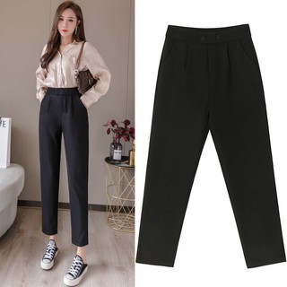 Office women's baggy pants with 2 buttons in snowy rain style High-waisted  trousers in black and smooth fabric for students