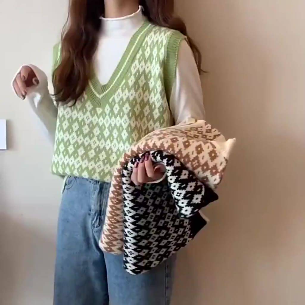 SEARIPE Women Houndstooth Print Knit Vest V-Neck Sleeveless Casual Loose Plaid Knit Sweater