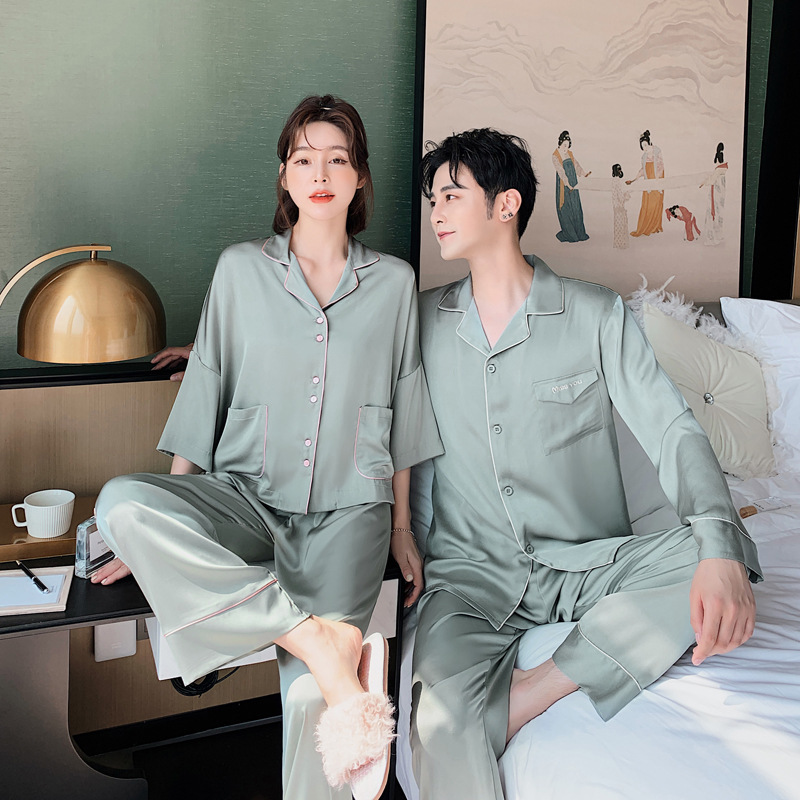 New Couple Women Men Silk Satin Pajamas Long Sleeve Sleepwear