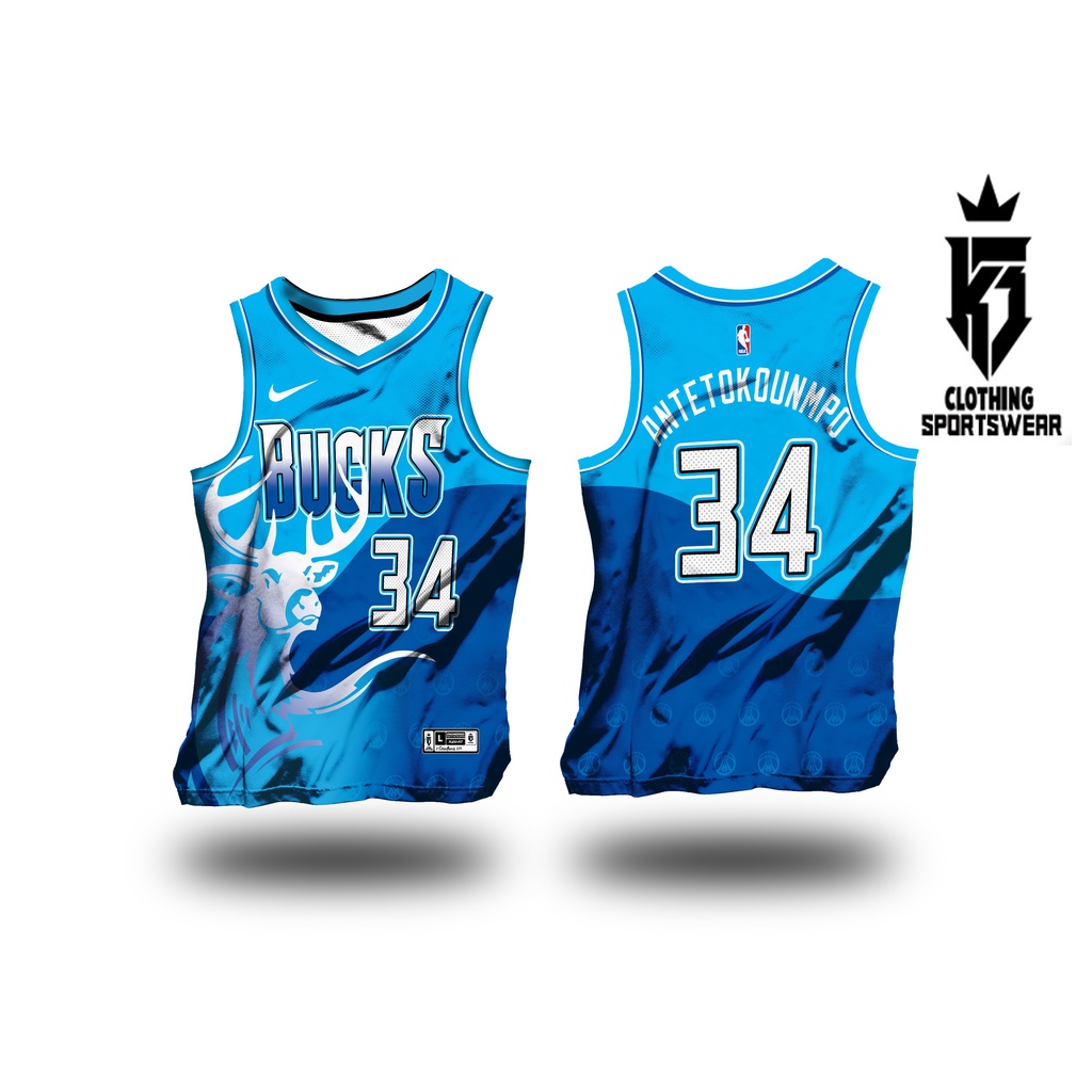 BUCKS BLUE ABSTRACT FULL SUBLIMATION BASKETBALL JERSEY FANWEAR FREE