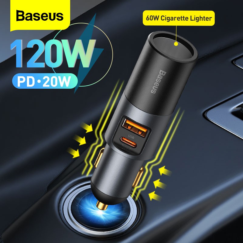 Baseus 120W USB Car Charger Quick Charge PD Type C Fast  Charger For 12-24V Car Splitter Cigarette Lighter Socket