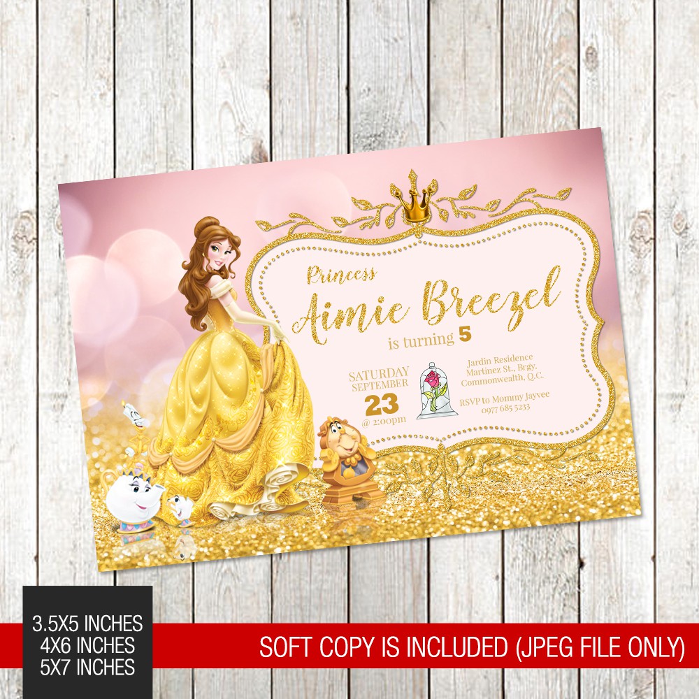 Princess Belle Beauty and the Beast Themed Printed Birthday Invitation ...