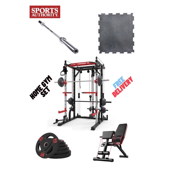 Smith Home Gym Set (Smith Machine, Mats, Bench, Bar and Plates)