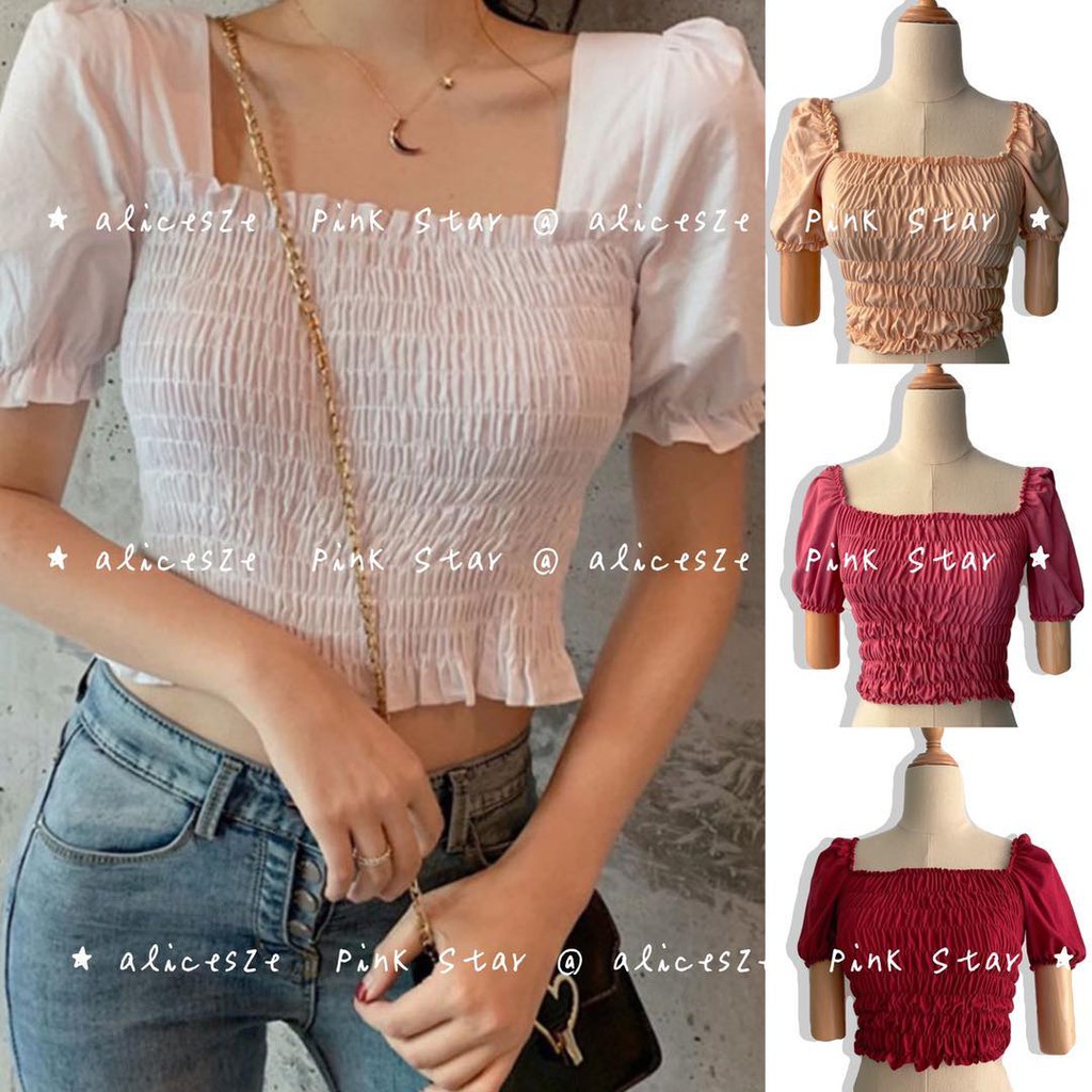 Plain Smocked Puff Sleeve Crop Top | Shopee Philippines