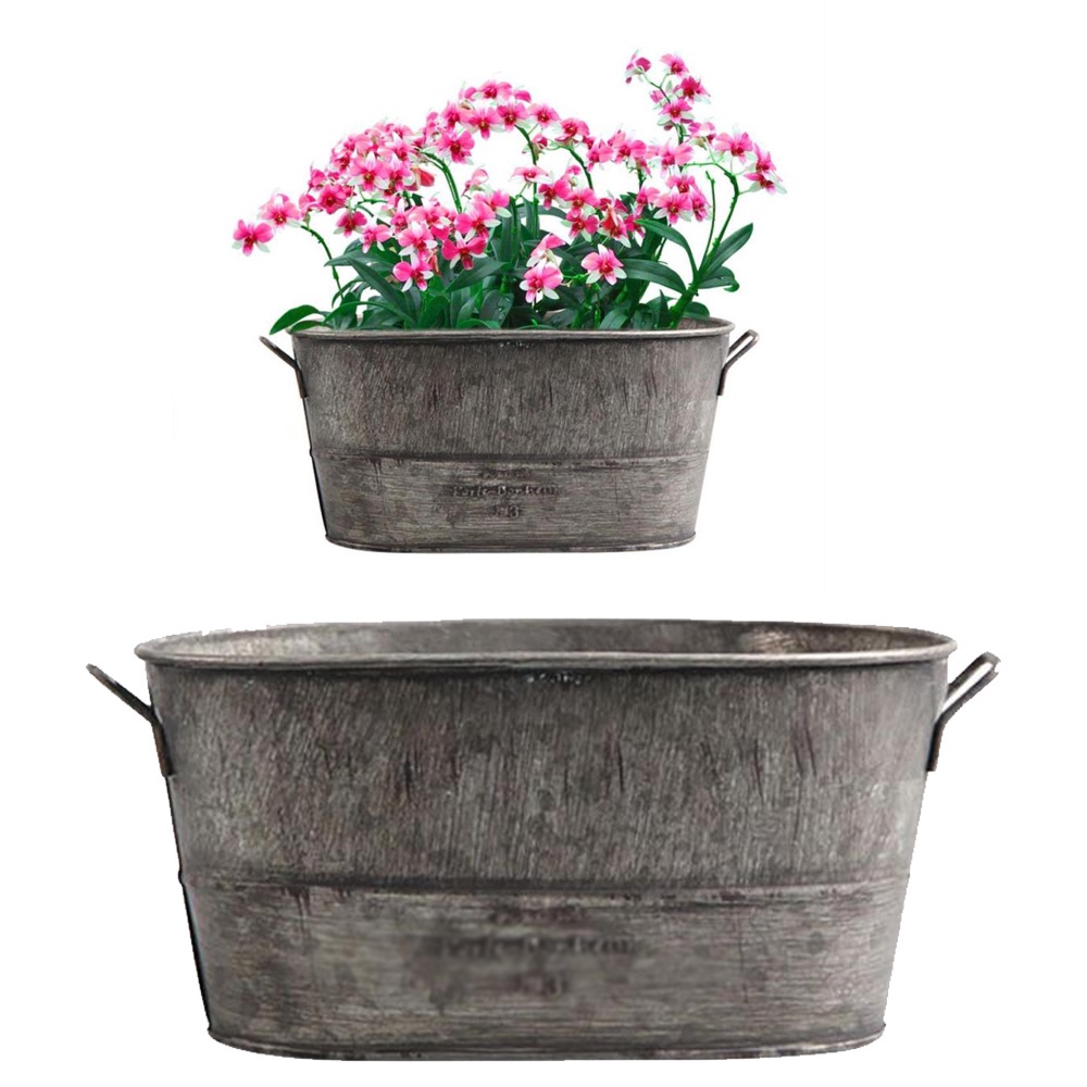 ☑️&Vintage Style Oval Zinc Galvanised Metal Garden Planter Flowers Tub