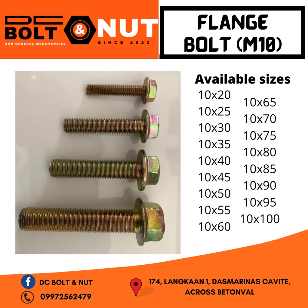 M10 BH Hex Flange Bolt M10 x 20mm to 100mm and Flange Nut (10pcs per
