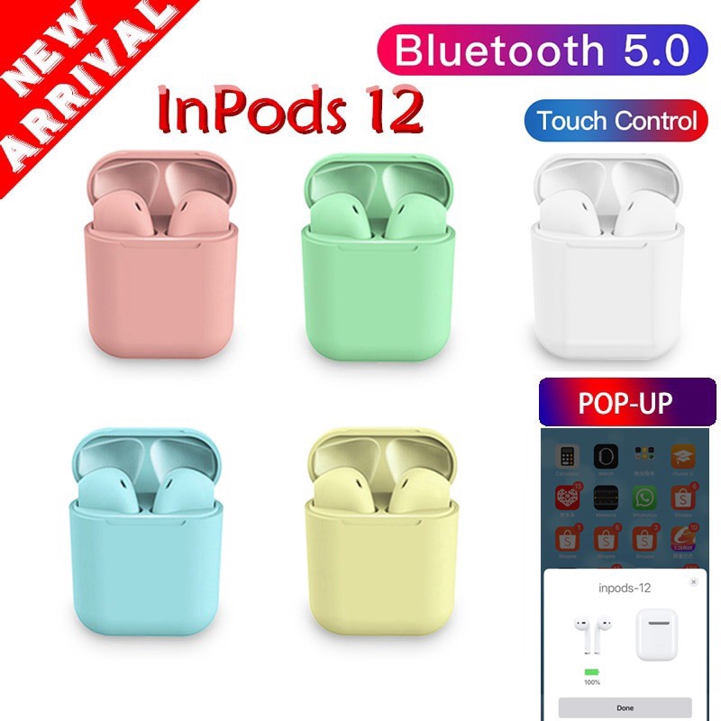 Inpods 12 pop up Bluetooth Earphone 5.0 Wireless Headphone Sport Earbud TWS Headset Touch Control