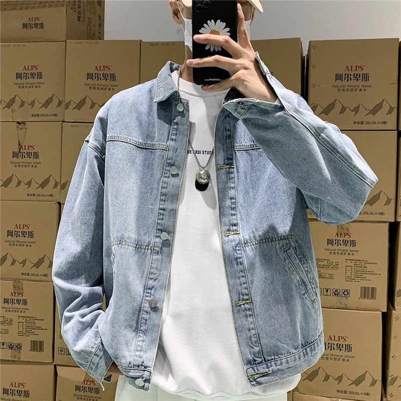 Hong Kong Style Loose Vintage Time Denim Coat Men's Season ins Korean  Version Ruffian Handsome Street Wear Jacket TF1