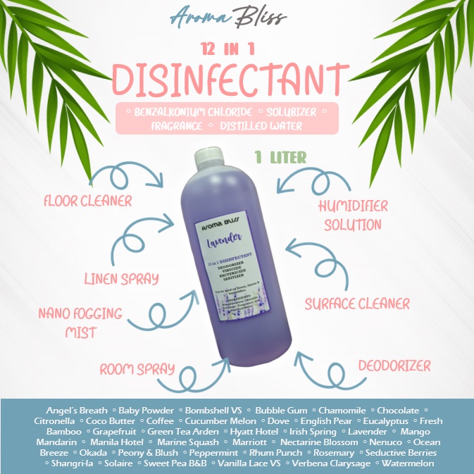 12 in 1 Disinfectant / Humidifier Solution 1liter 58 scents Shopee
