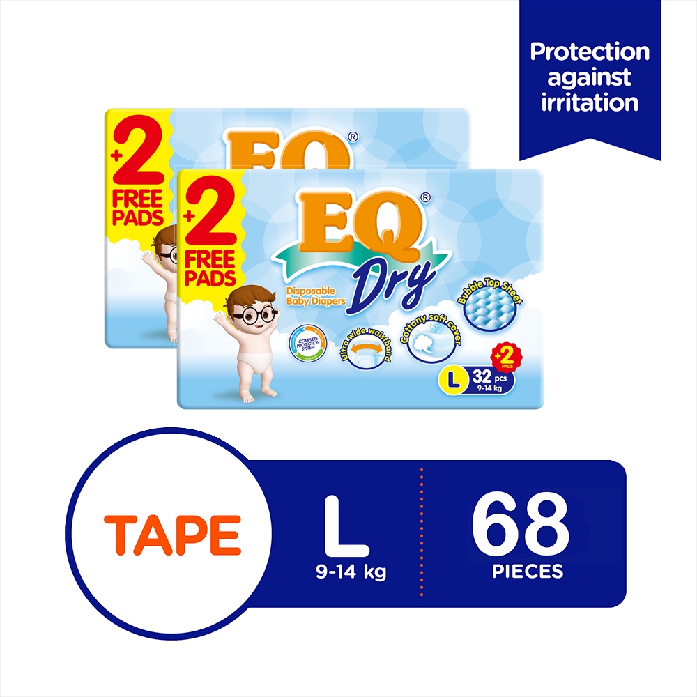 EQ Dry Econo Pack Large 34's x 2 packs (68 pcs) Tape Baby Diapers