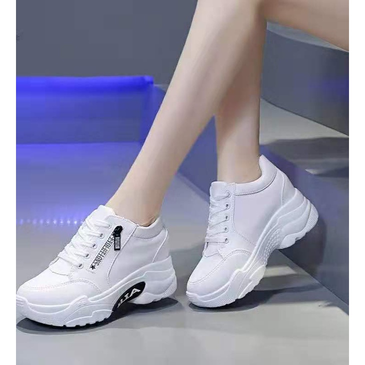 Korean Fashion wedge Rubber Shoes For Women all white Heightening Thick soled shoes low cut sneakers