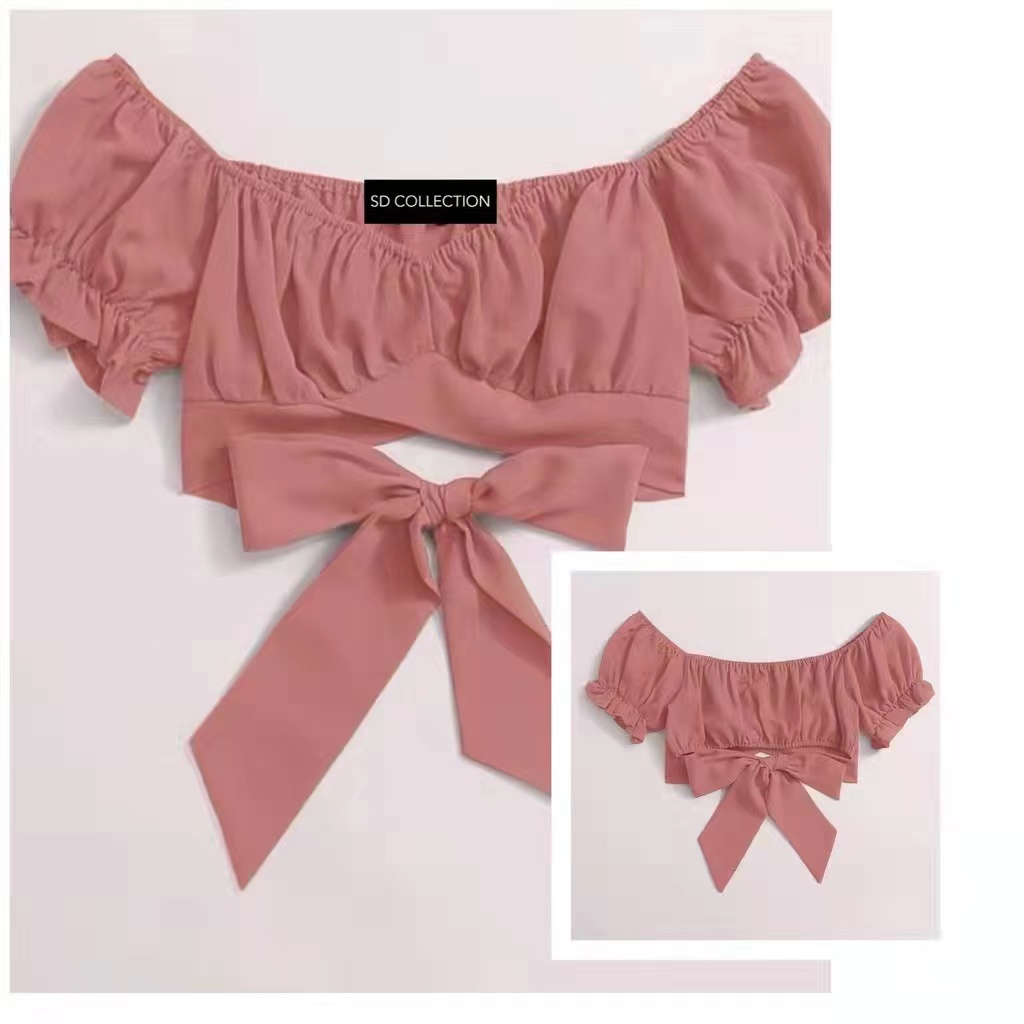 Taslan Puff sleeve Ribbon Tie Back Crop Top | Shopee Philippines