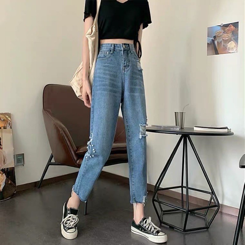 Korean fashion MOM jeans RIPPED boyfriend Pants High waist women's UL9I