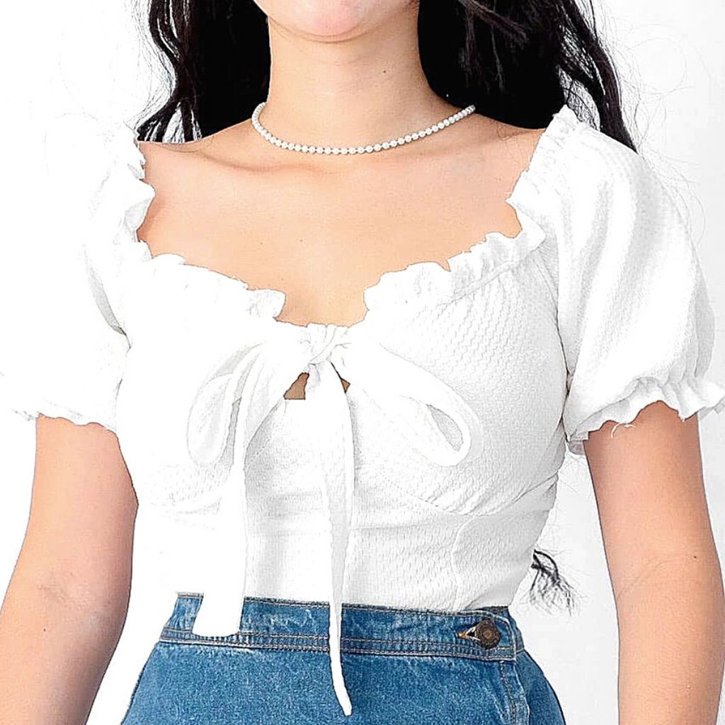 BSCO PH KOREAN WHITE EVELYN FRONT RIBBON PUFF SLEEVES CROP TOP ...